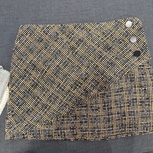 Plaid Tweed Mini Skirt with Button Detail - Black & gold and white